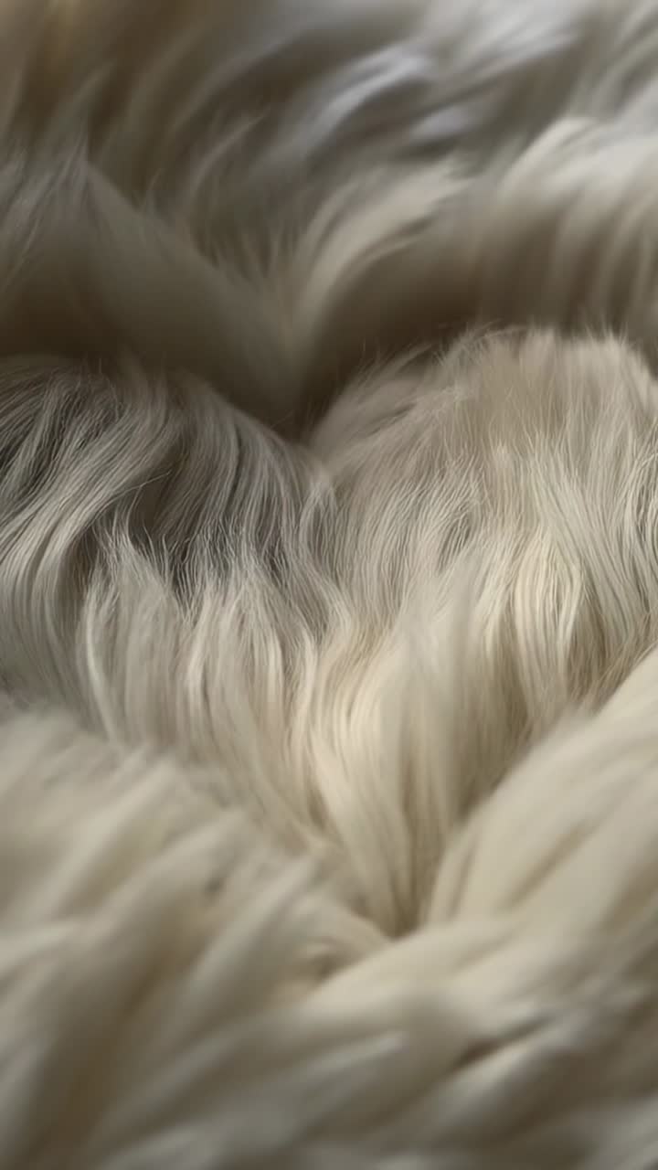 Video verticale: La telecamera in panoramica su pelliccia color crema, rivelando una scanalatura a V e mostrando la texture per l'arredamento.