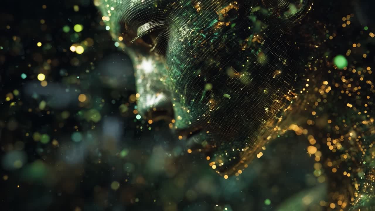 A captivating journey into a digital realm, where the ethereal visage of a humanoid figure emerges amidst a cosmic tapestry of shimmering particles and vibrant lights