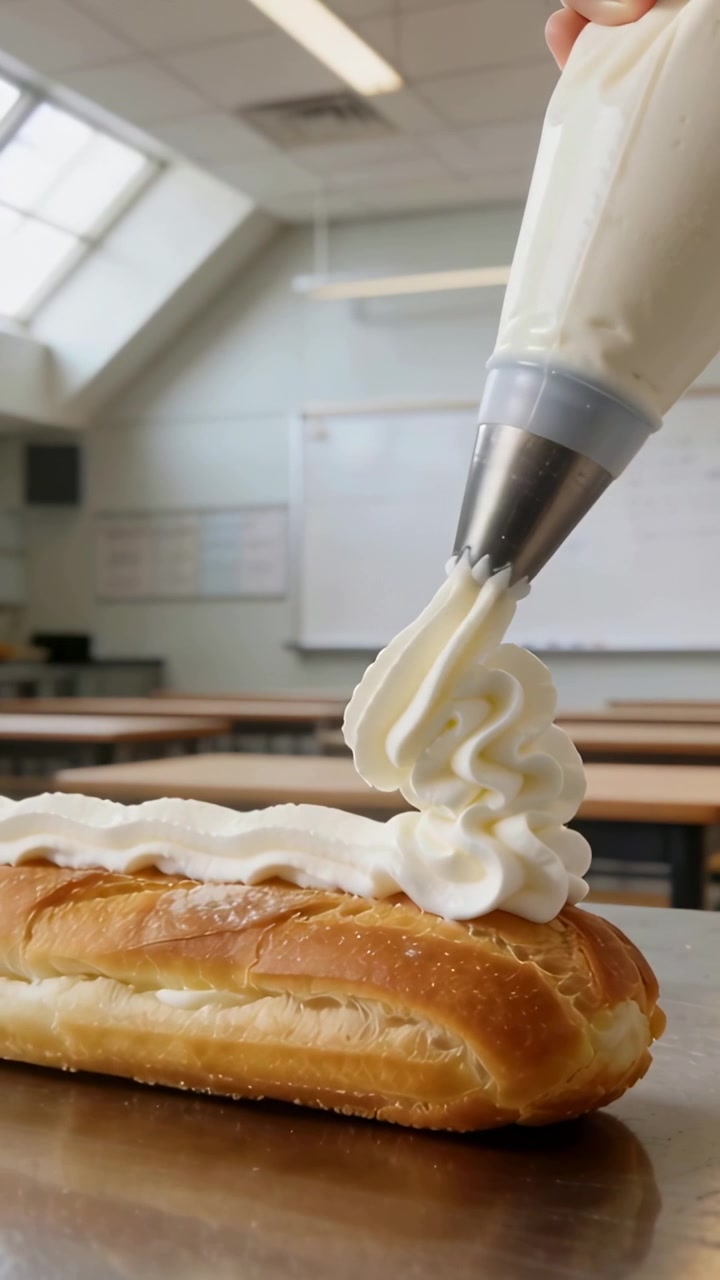 Vídeo vertical: Estudante pressionando saco de confeitar com bico estrela, aplicando espirais para decorar massa recheada em laboratório.