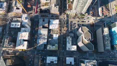 aerial overhead, top-down view of streets and buildings in belltown, seattle