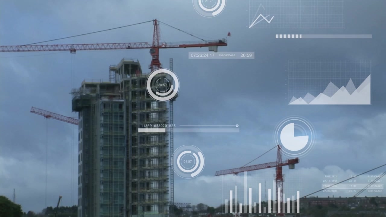 Animation of multiple graphs over time-lapse of crane on building under cloudy sky