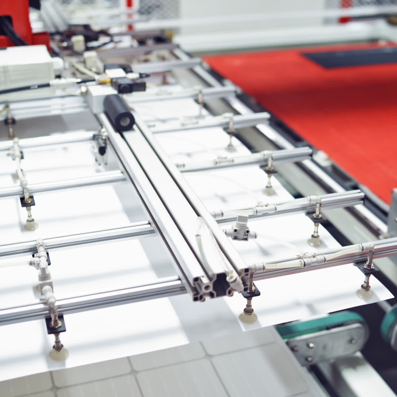 Factory machinery working on industrial plant. Industrial machine processing details at manufacturing factory. Interior of a modern plant.