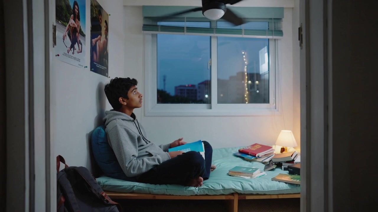 Reading teenage boy flipping pages on bed at dusk, lamp glowing, fan starting, gaze shifting upward
