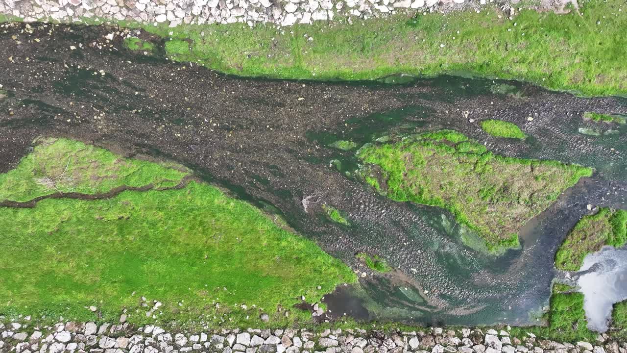 Aerial view of the Küçük Meander river bed and its flow with drone