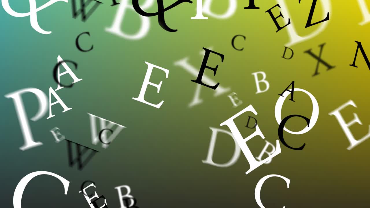 Animation of english alphabets floating against yellow and green gradient background