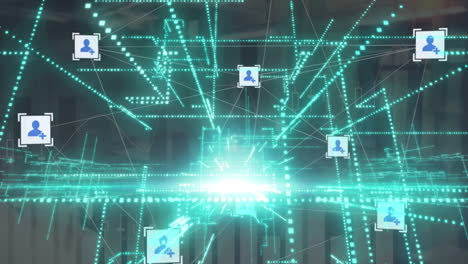 animation of green light trails and network of profile icons over statistical data processing