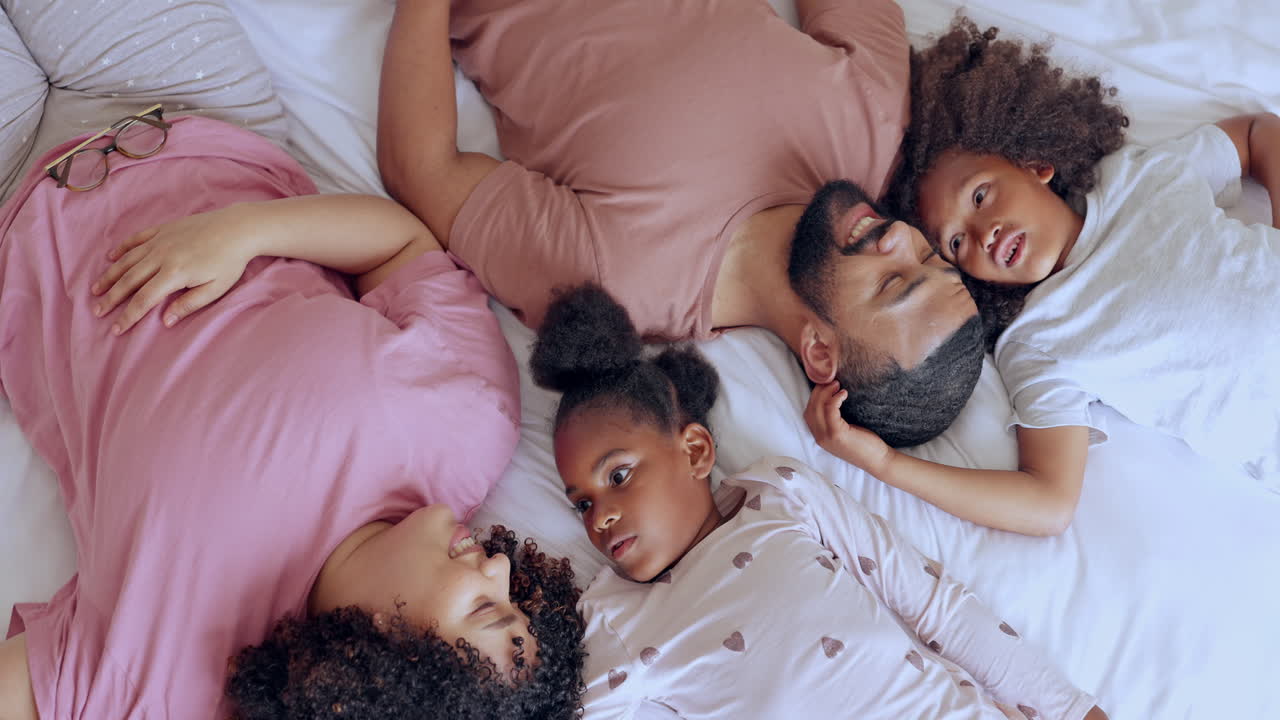 Family, children and bed conversation for happy