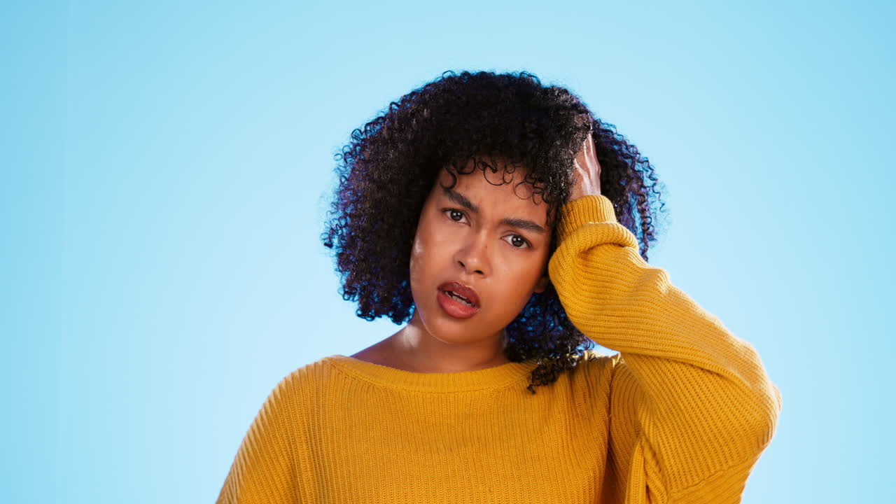 Confused, face and thinking by black woman