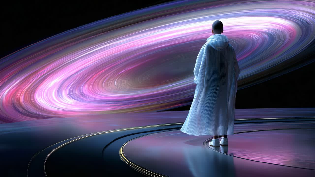 A cosmic traveler stands in awe before a swirling display of vibrant colors and dynamic energy, contemplating the mysteries of the universe as they observe the mesmerizing galaxy unfolding around them