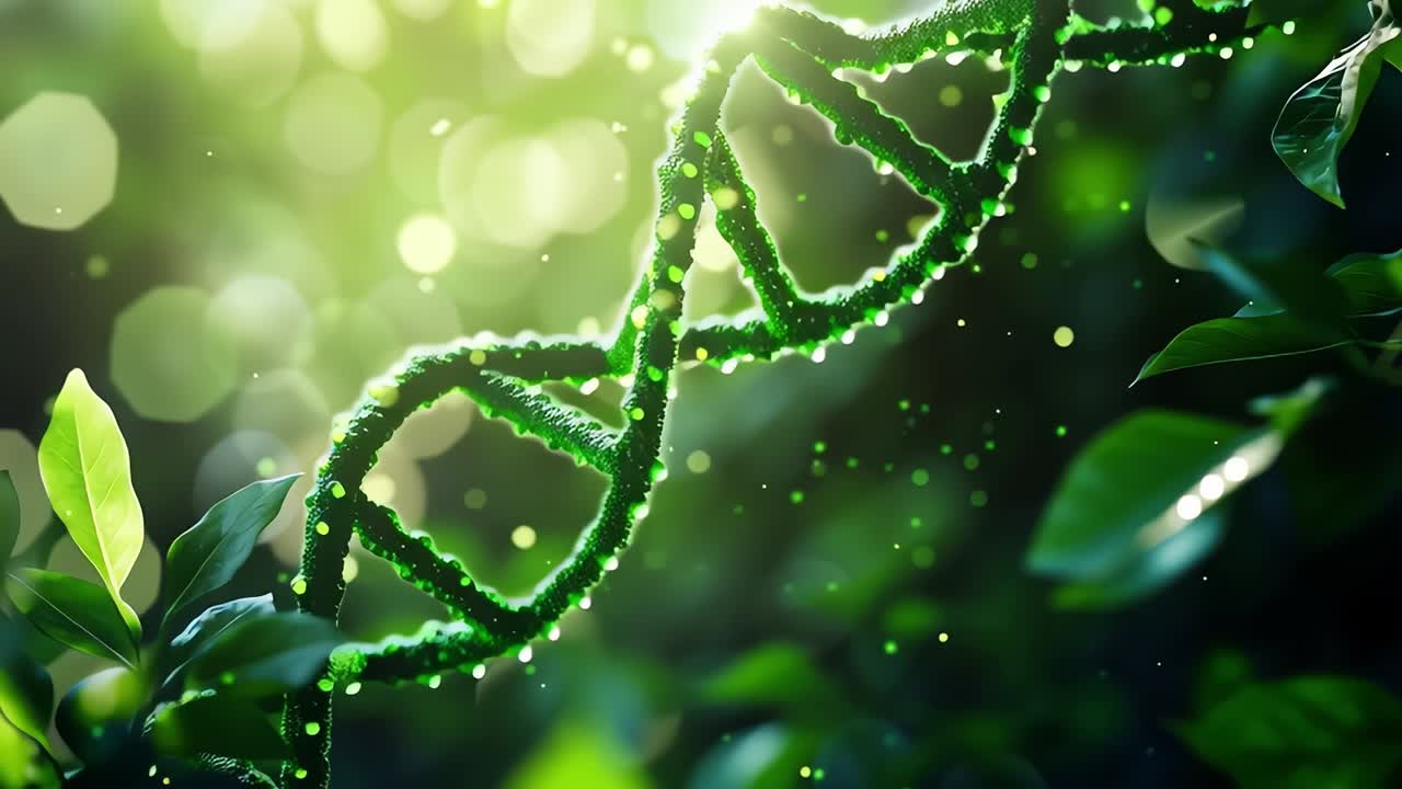 Green dna strands rotating in lush foliage with dewdrops