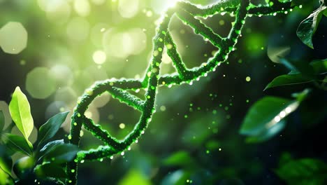 green dna strands rotating in lush foliage with dewdrops