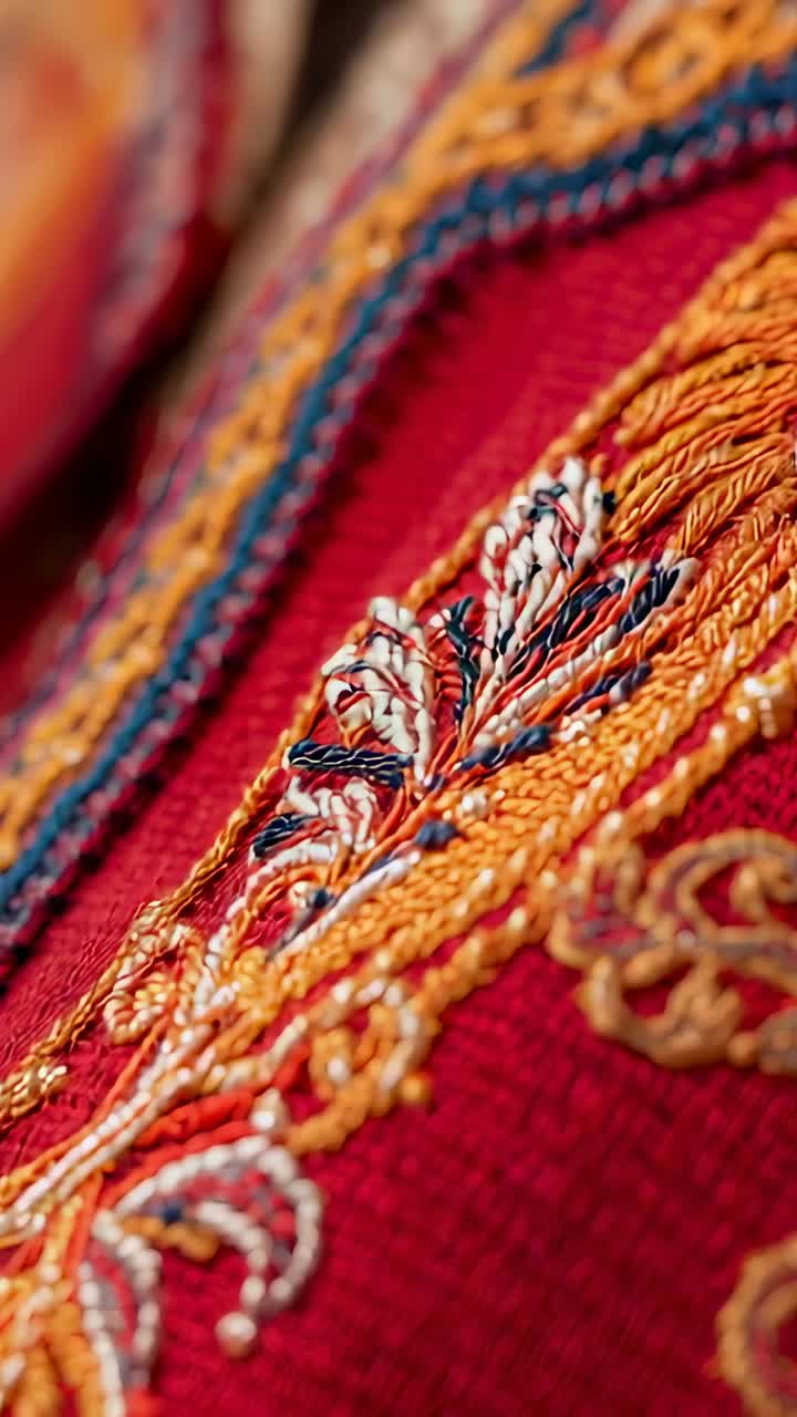 Vertical video: Displaying embroidered red fabric on flat table, showing multicolor stitching