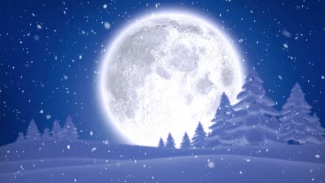 Paisaje-Invernal-Con-Luna-Llena-Y-Nieve-Que-Cae