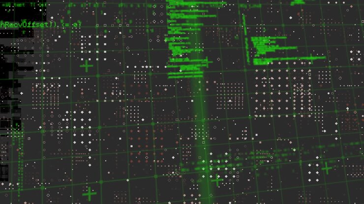 Animation of data processing over grid network against rows dots pattern on grey background