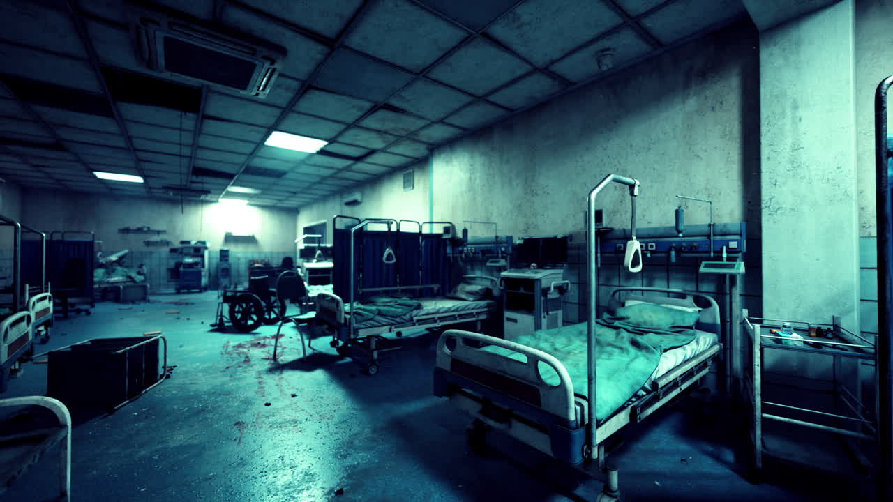 Interior de hospital abandonado y destruido con camas vacías y escombros