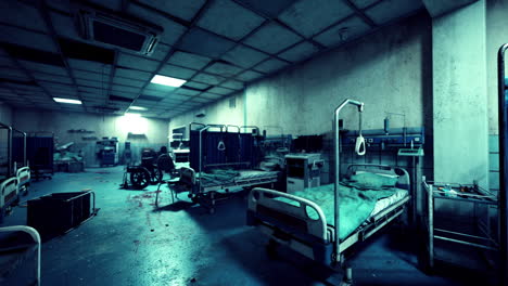 abandoned and destroyed hospital interior with empty beds and debris