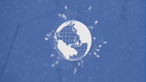 animation of globe with currency icons and data processing over blue background