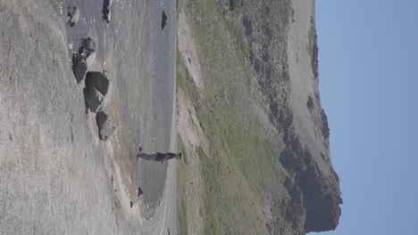 un niño relajándose en la orilla de un lago con montañas verdes y cielo azul en villa pehuenia, patagonia, argentina
