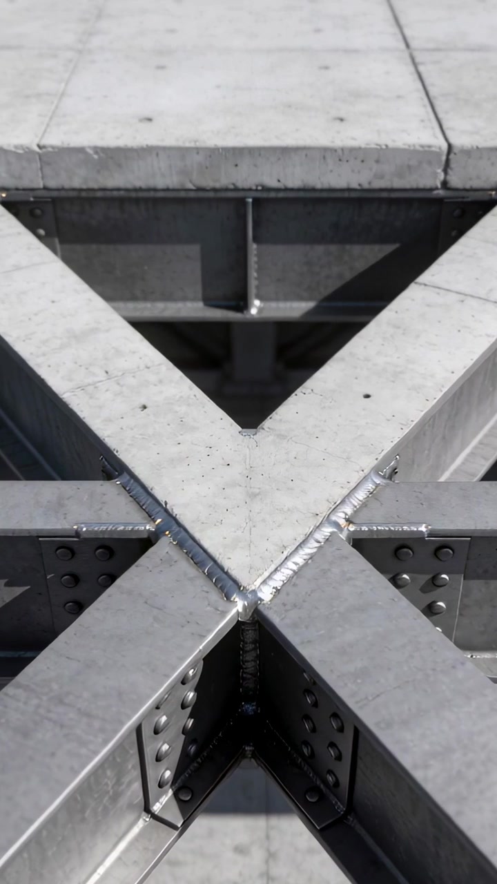 Vertical video: Shifting camera revealing steel beam X-joint on roof, with bolted gussets for check