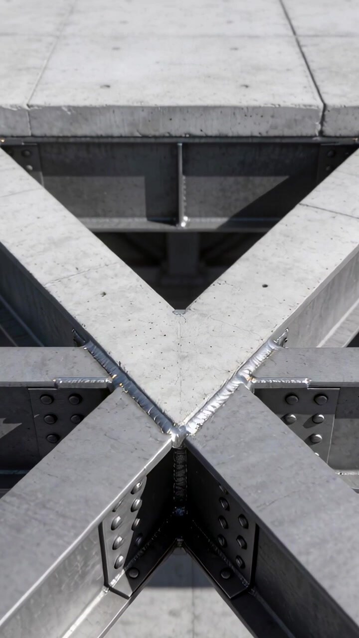Vertical video: Shifting camera revealing steel beam X-joint on roof, with bolted gussets for check