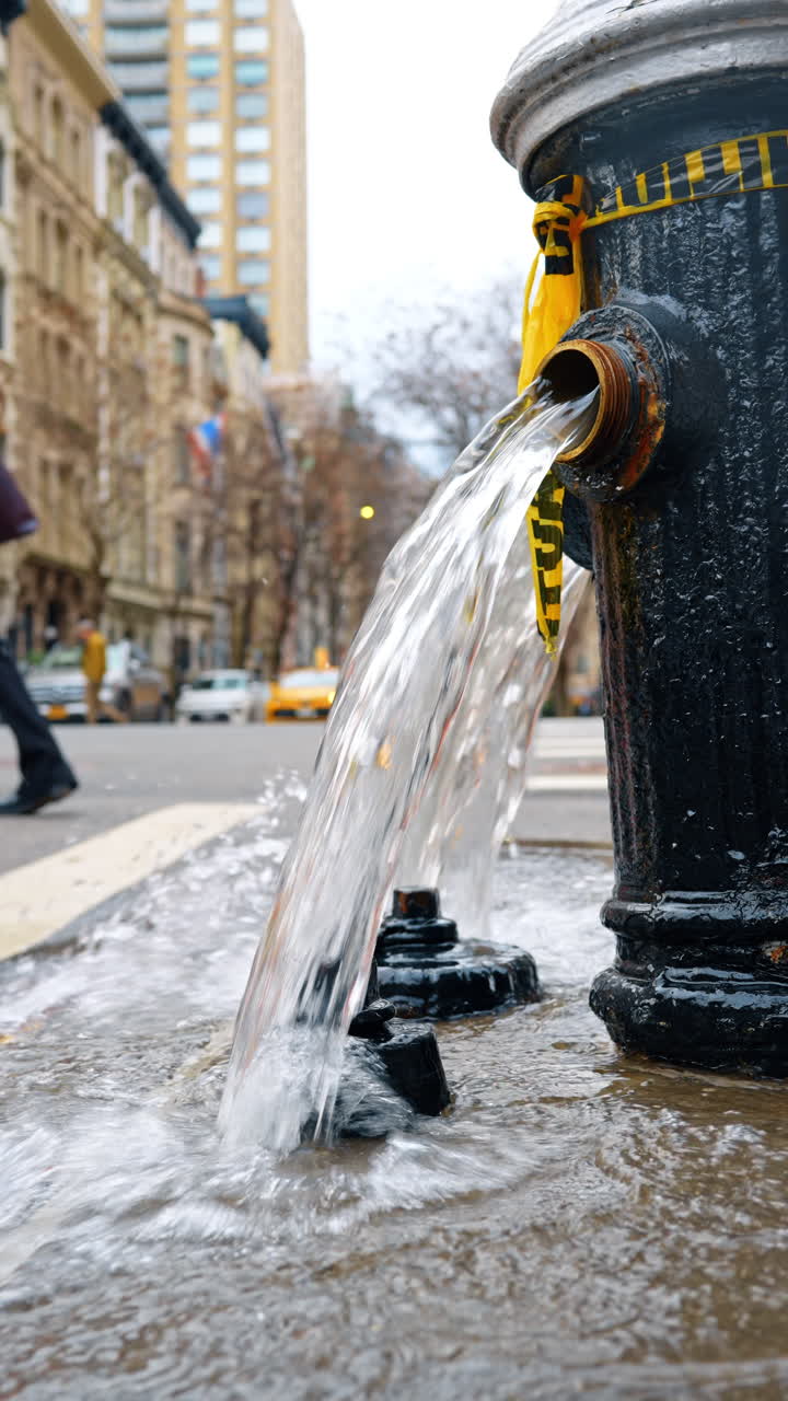 New York, USA, 2 marzo 2026: Primo piano di un getto d'acqua da un idrante antincendio aperto. Ripresa dettagliata dell'acqua che sgorga da un ugello di idrante sul marciapiede in un quartiere residenziale urbano.