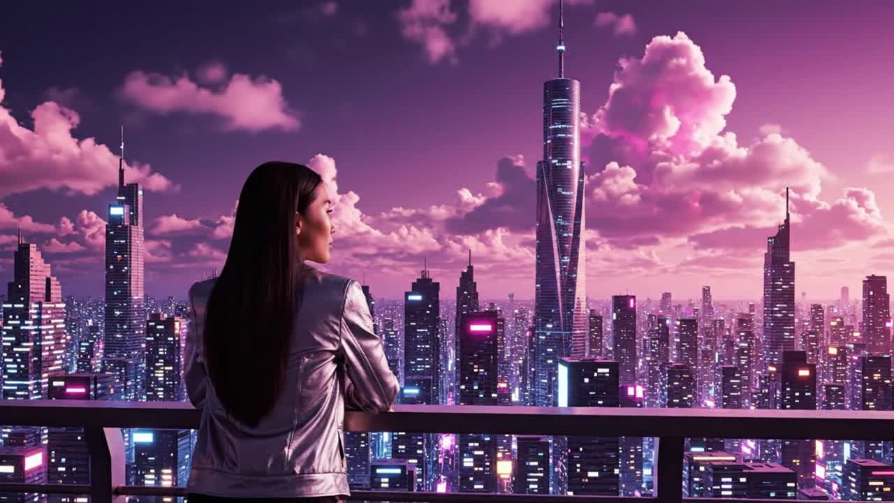 Mulher observando o horizonte de uma cidade futurista ao pôr do sol de uma varanda