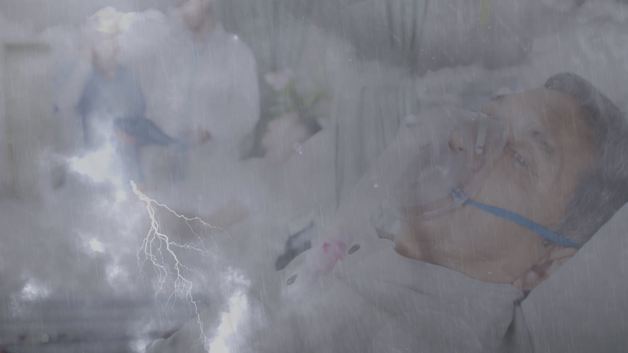 병원에서 산소 마스크를 착용하고 번개를  ⁇ 는 아픈 남성들의 애니메이션