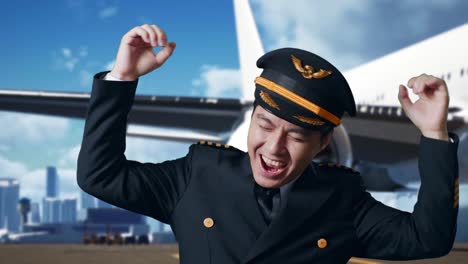 close up of asian man pilot dancing and celebrating while standing in airfield with airplane on background