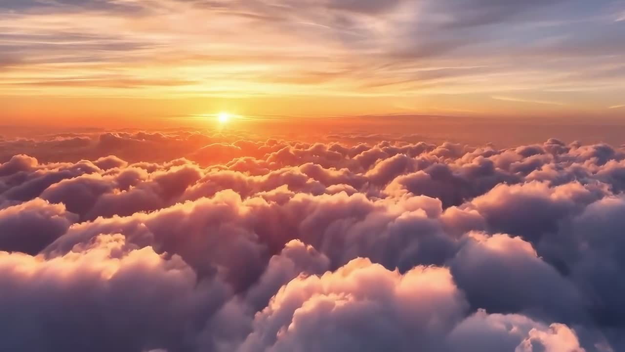 Video aereo di un tramonto vivace su nuvole soffici, che cattura una vista serena e maestosa
