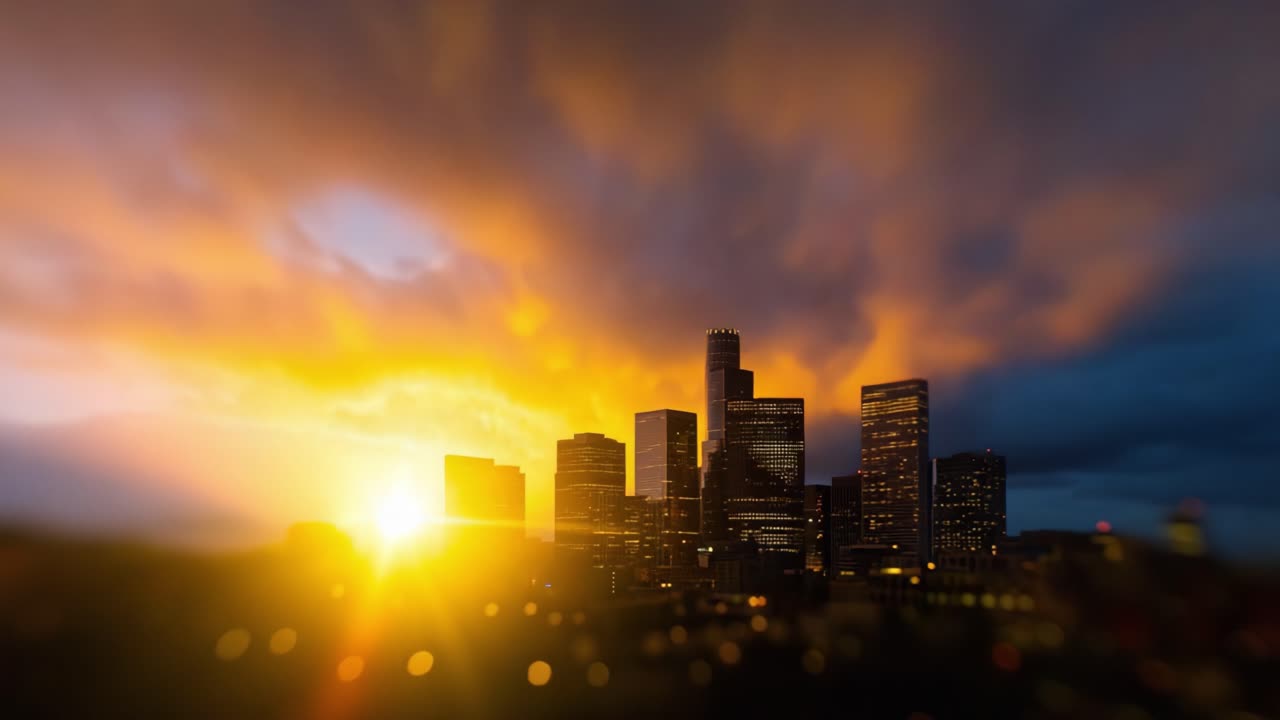 Paisagem urbana deslumbrante ao entardecer: uma visão transformadora da arquitetura urbana e do horizonte iluminado pelo pôr do sol dourado e o anoitecer com padrões dinâmicos de nuvens