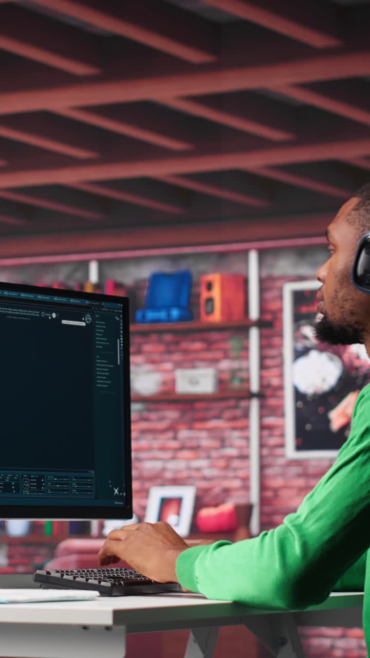 Vertical Video African American worker using generative AI program with photos