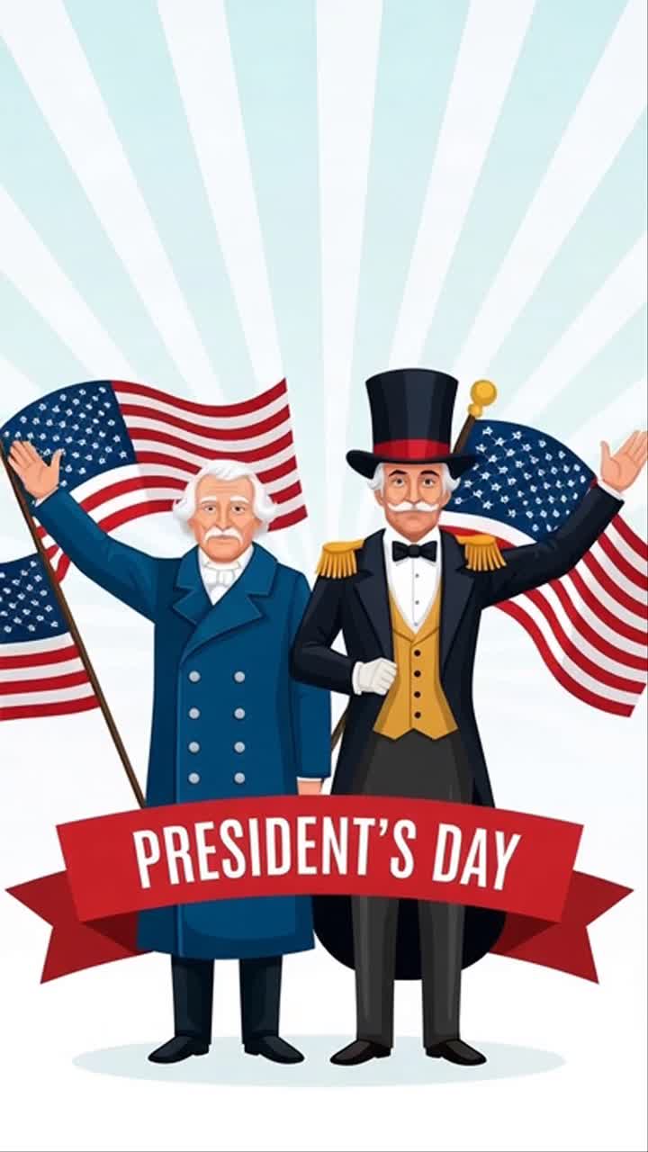 Happy Presidents Day celebration with Washington and Lincoln cartoon characters