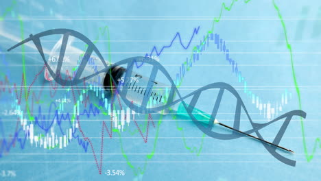 animación de la cadena de adn y procesamiento de datos sobre la vacunación