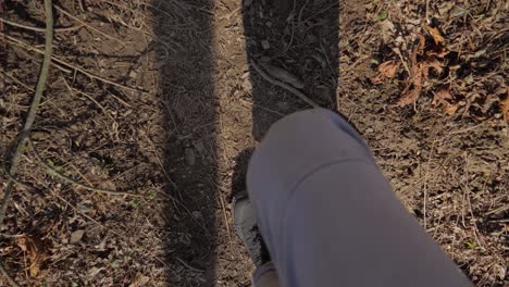 hikers legs walking on small dirt track, directly above, close up