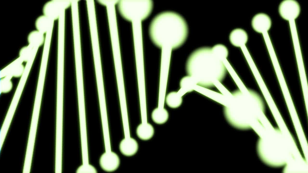 2d animación de adn brillante compuesto de partículas en un fondo negro. 60fps. el objeto está en el centro de la pantalla y gira irregularmente. alejar el zoom.