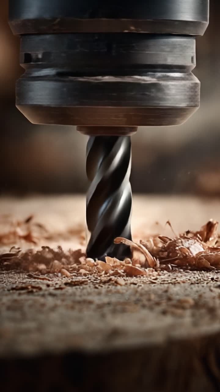 Primo piano di una punta da trapano ad alta velocità che taglia il legno, creando trucioli e scintille mentre si addentra in una superficie solida, evidenziando la precisione nell'artigianato