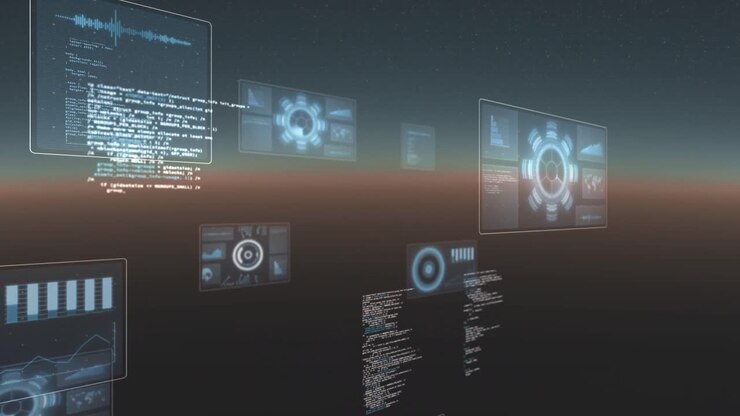 Animation of data processing and scopes scanning on screens over gradient background