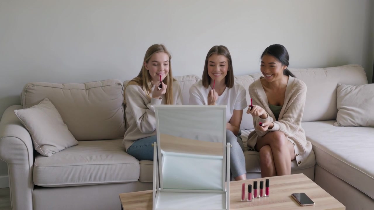 Guardandosi allo specchio, tre amiche che provano tonalità di rossetto a casa, confrontando i tubetti con un telefono sul tavolo