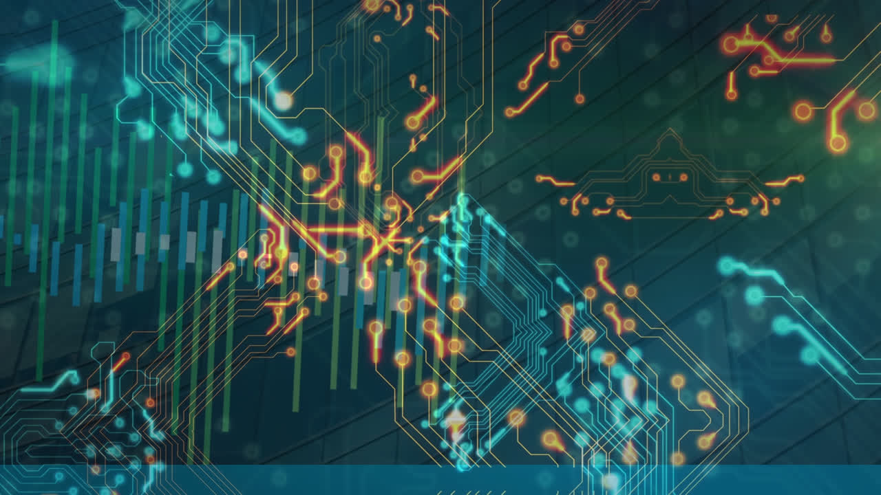 태양 전지 패널 및 금융 데이터에 대한 통합 회로의 애니메이션