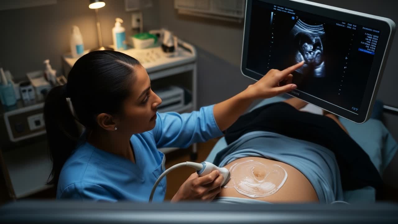 Un medico specialista esegue un'ecografia, indicando abilmente lo schermo che mostra un feto in via di sviluppo, sottolineando l'importanza dell'assistenza prenatale e del monitoraggio nella medicina moderna.