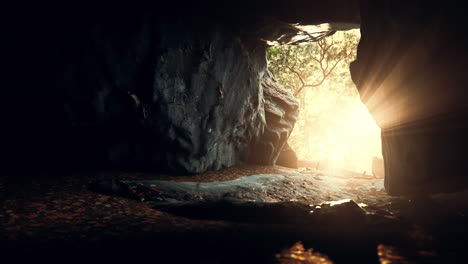 sunlight filters into a wet stone cave