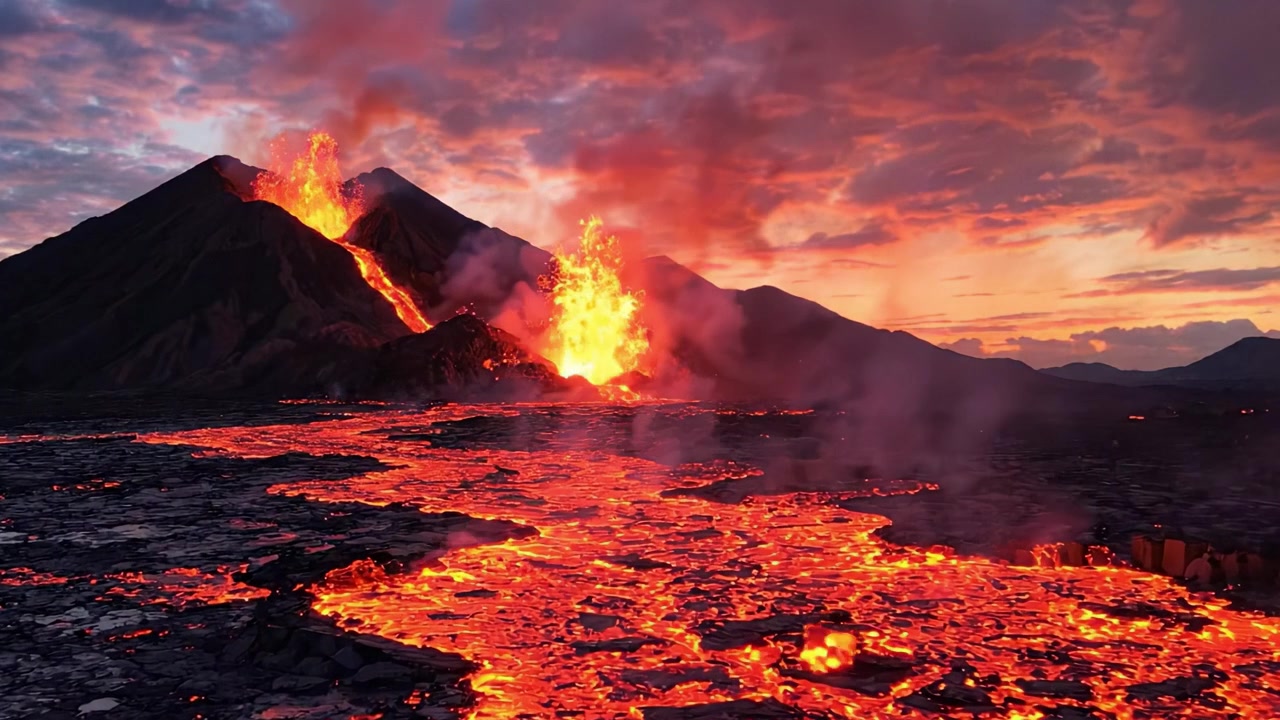 Maestosa eruzione di una catena montuosa vulcanica: uno spettacolo mozzafiato di lava che scorre vividamente contro un drammatico cielo al tramonto.