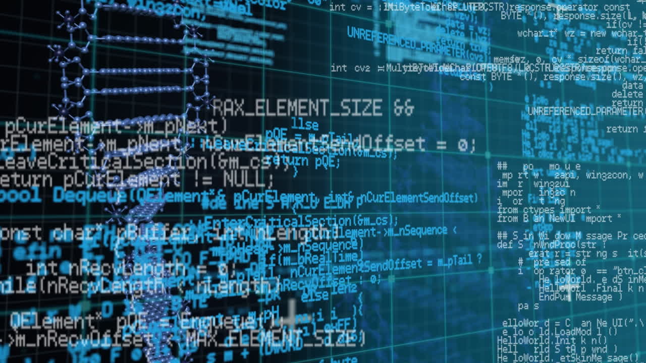 Digital animation of dna structure spinning and data processing against blue background