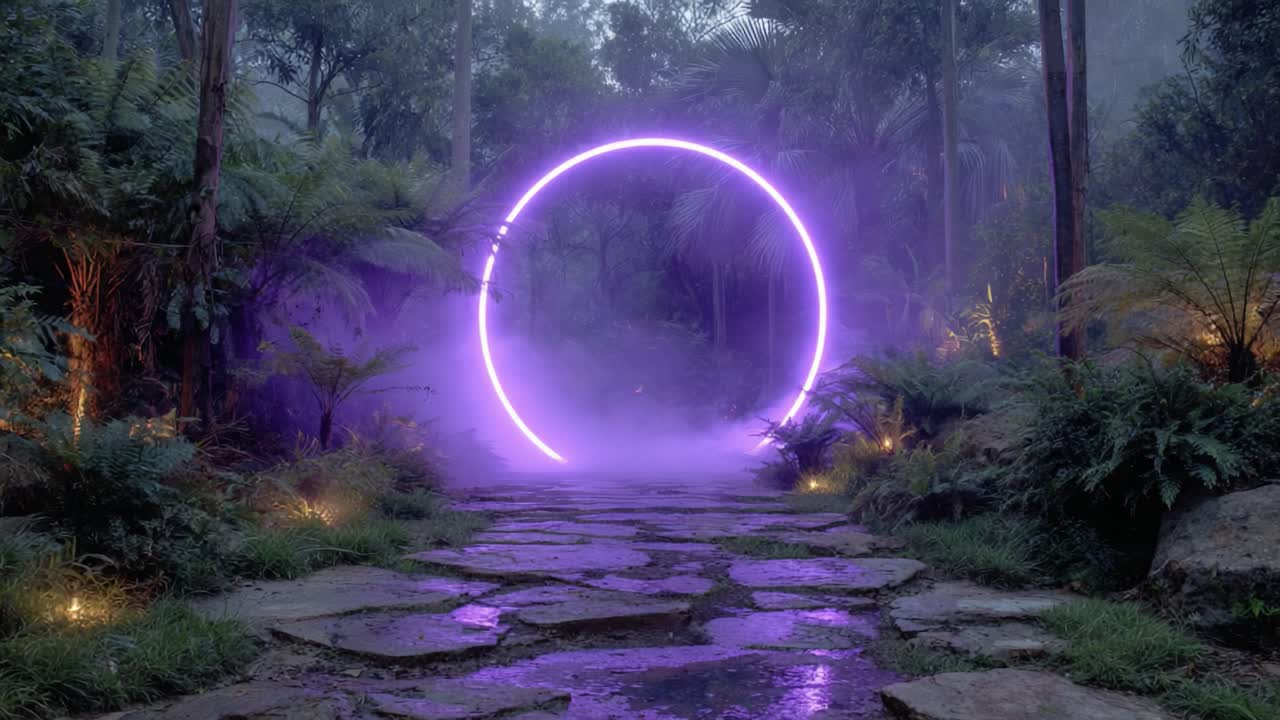 Un portale misterioso illumina il sentiero di una foresta lussureggiante con una luce viola eterea, creando un'atmosfera surreale tra la fitta nebbia e il fogliame tropicale