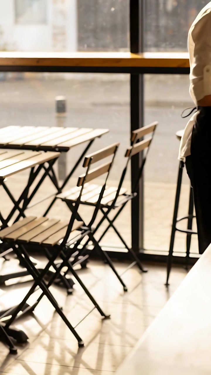 Vertical video: Entering left, barista in apron reaching table by window, serving, copy space