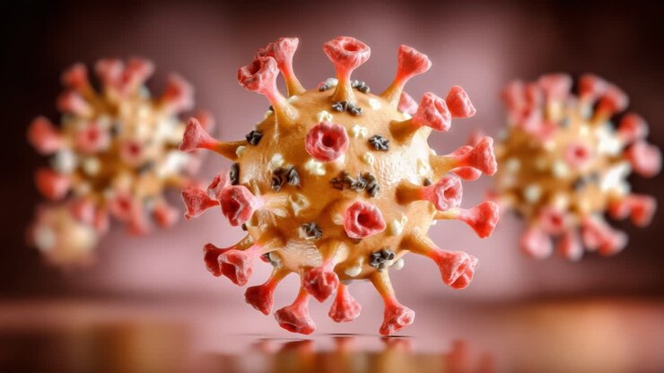 Esame dettagliato della struttura virale: immagini ravvicinate di un virus con picchi prominenti che mostrano caratteristiche cellulari e complessità strutturale
