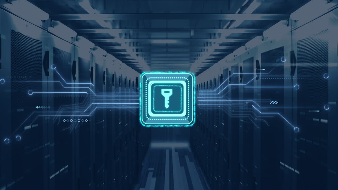 Animation of data processing with online security key over computer circuit board