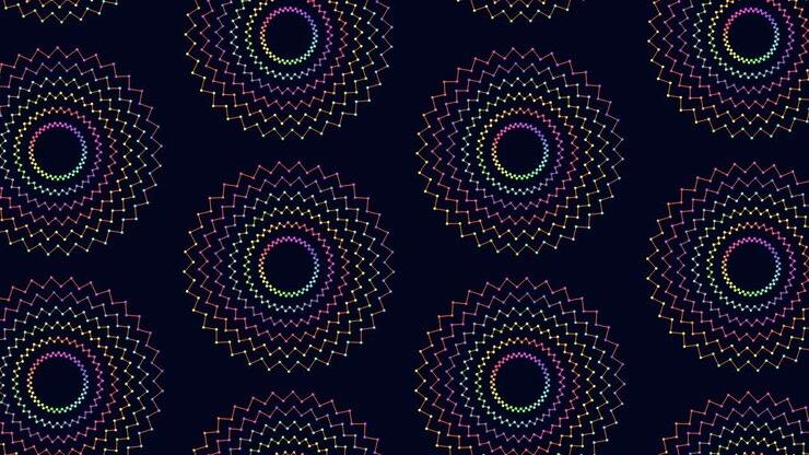 Colorful sunburst pattern with spiral arrangement of circles on black background