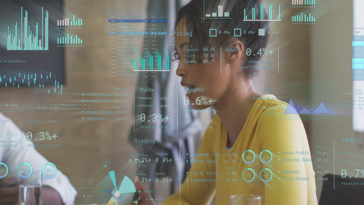 Animation of statistics and data processing over biracial businesswoman in office