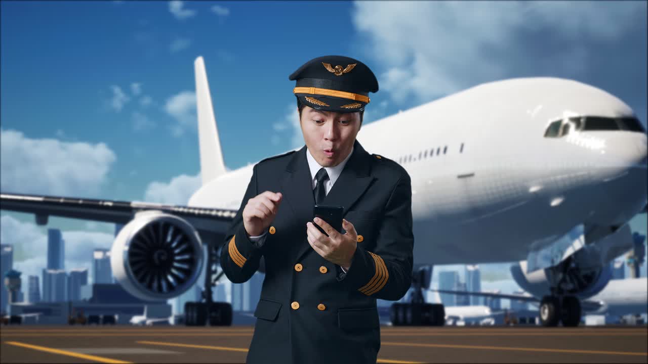 조종사가 공항에서 스마트폰을 즐겁게 사용하고 있습니다.